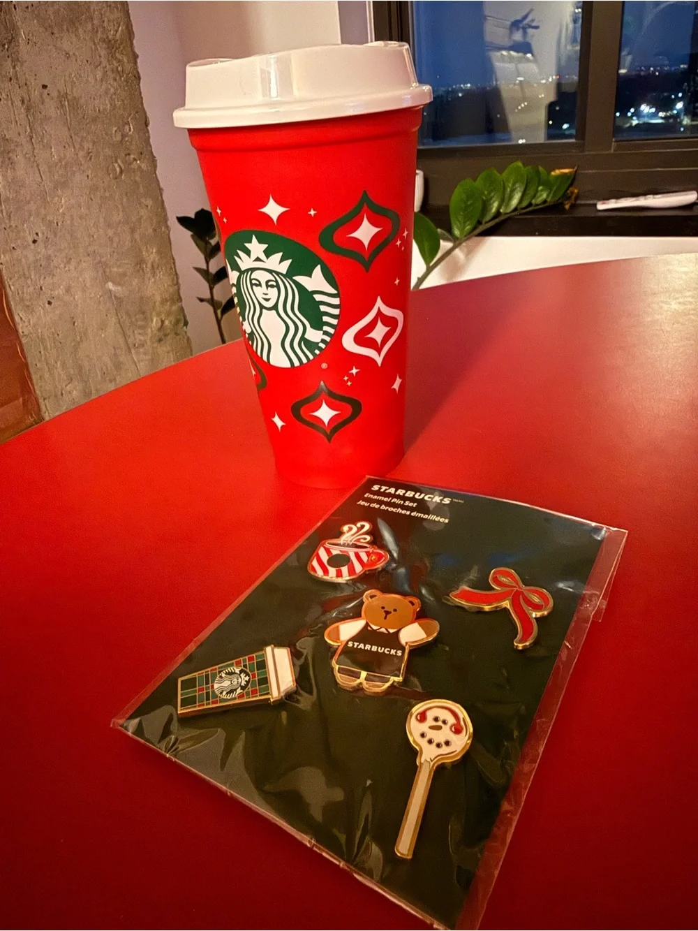 Starbucks Red Holiday Cup and Enamel Pins